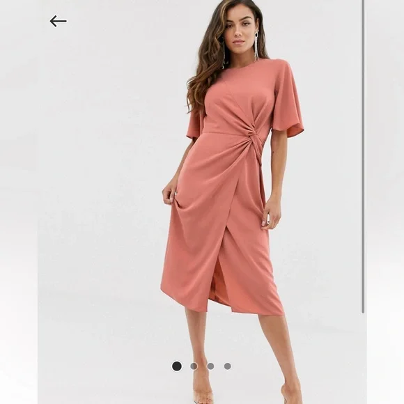 knee length dresses for ladies ASOS DESIGN High Neck Pleated Chevron Dobby Midi Dress With Puff Sleeve In  Forest Green main image 0
